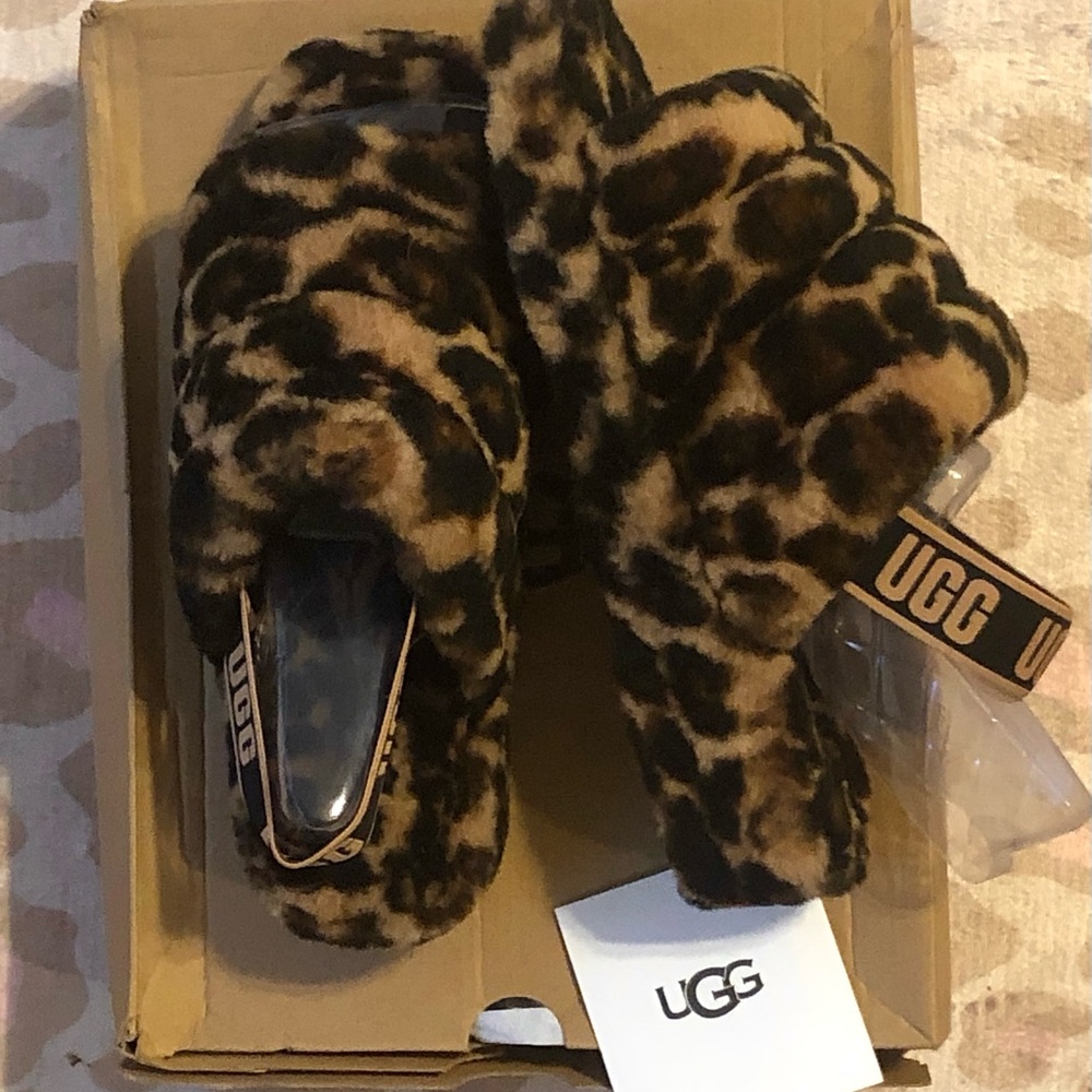 UGG FLUFF YEAH LEOPARD PRINT SLIPPERS SHOES SANDALS